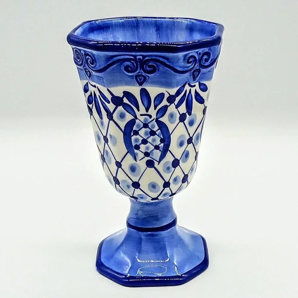 Tabletops Unlimited Hand-Painted Lisbon Blue White Ceramic Footed Vase